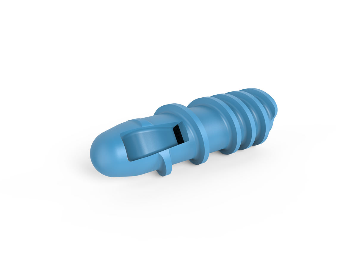 Blue resorbable biocomposite suture anchor against white background